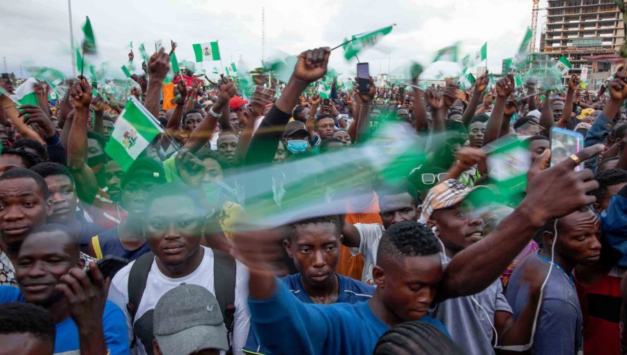 Demonstrators protest against police brutality at the Lekki toll gate on Oct. 20, 2020.